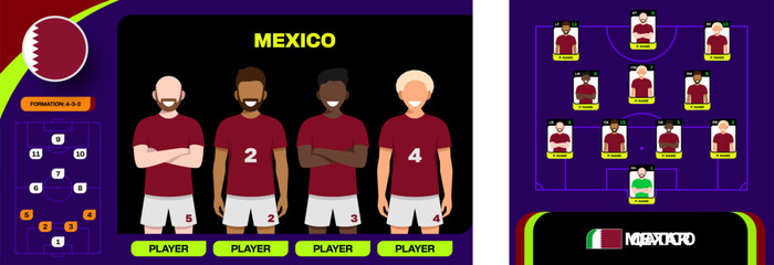 Qatar vs Mexico Football Match Announcement for the 2026 Worlds Championship with Team Lineup and Player Formations, Dynamic Design. © lunarts_studio