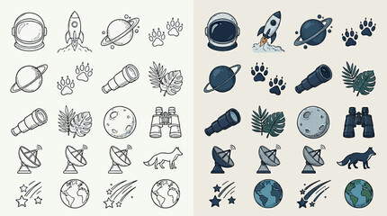 Fototapeta premium Collection of space and astronomy icons in outline and filled styles.