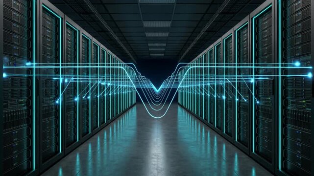 Data Center Corridor with Server Racks and Neon Blue Lighting