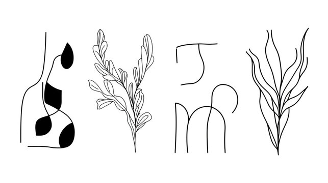 Black and white illustration features abstract shapes and botanical elements, arranged on a white background