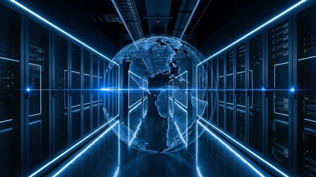 Data Center Corridor with Blue Neon Server Racks and Reflective Floor