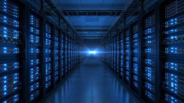 Data Center Server Room with Rows of Network Racks and Blue Lighting