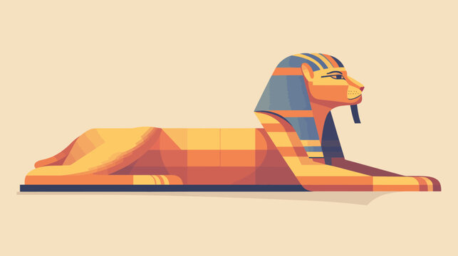 Geometric sphinx sculpture with warm orange tones rests on a pale beige backdrop