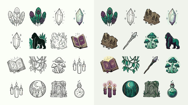 Collection of fantasy and magical elements, including crystals, plants, books, and creatures, presented in both line art and colored versions.