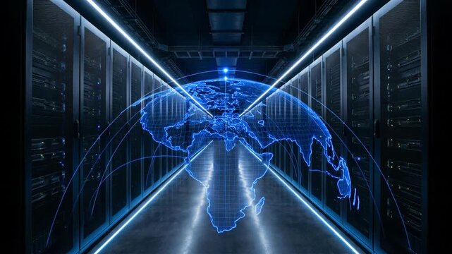 Data Center Corridor with Server Racks and Blue LED Lighting