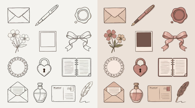 Collection of vintage stationery and decorative elements for scrapbooking and journaling.