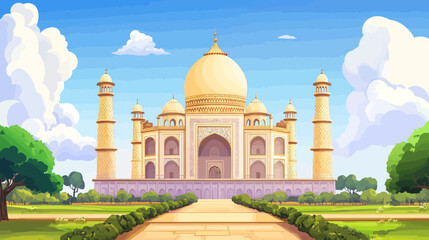 Naklejka premium A grand marble mausoleum with a golden dome and lush gardens beneath a blue sky