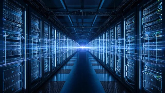 Data Center Corridor with Server Racks and Blue Network Lighting