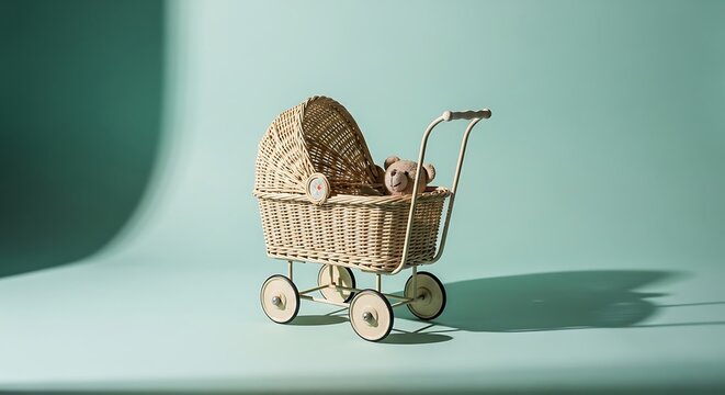 empty toy stroller placed in a minimal studio space
