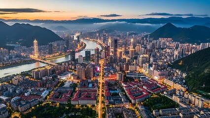 Obraz premium Aerial cityscape at dusk with mountains.