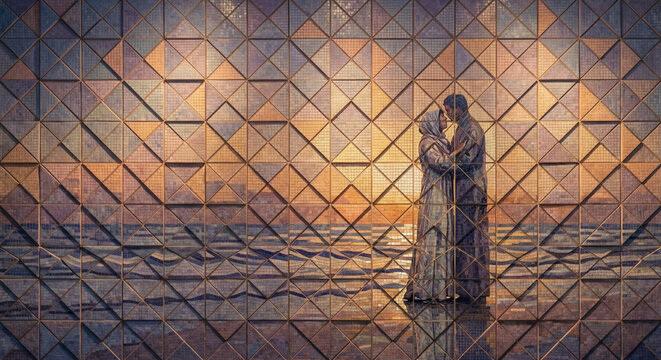 Two people move slowly beside the ocean, exchanging quiet words and lingering looks as reflections shift through mirrors and fading light during a private moment together at sunset