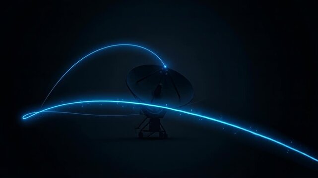 Satellite Dish with Blue Signal Light Trail on Dark Background