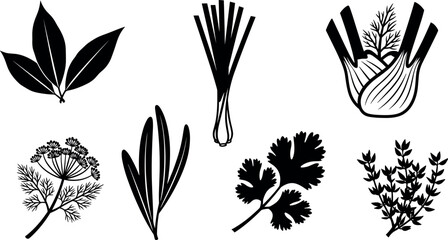 “Black silhouette vector illustration of assorted culinary herbs including bay leaves, leeks, fennel, dill, rosemary, cilantro, and thyme” © ISMOTARA