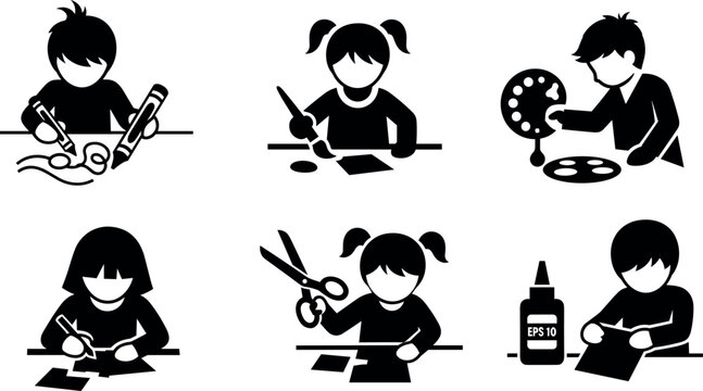 &ldquo;Black and white vector silhouettes of children engaged in creative art and craft activities including drawing, painting, cutting, and gluing&rdquo;