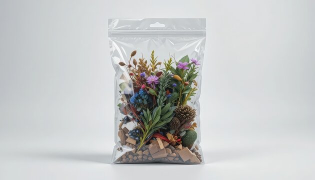 Dried flowers and herbs in a clear plastic bag on white background for craft or potpourri use
