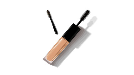 Obraz premium Diagonal cosmetic tube with beige liquid and two brush wands, cast shadow. glow