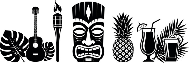 “Black silhouette vector illustration of tropical island elements including guitar, tiki torch, mask, pineapple, cocktails, and leaves” © ISMOTARA