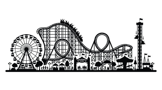 Black silhouette illustration featuring a detailed amusement park landscape with a large roller coaster a giant ferris wheel and various carnival attractions for family fun design