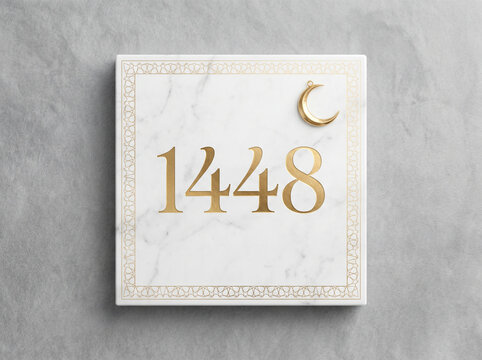 Premium Elegant Calendar Page with Bold Gold Number 1448 and Small Crescent Moon Ornament on Marble Background Islamic Hijri New Year Concept