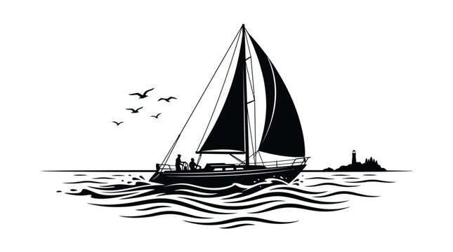 Black and white silhouette photograph capturing a classic sailboat cruising across the wavy ocean water with birds flying above and a distant lighthouse on the horizon