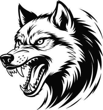 Black and white illustration of a snarling wolf head with sharp teeth and fur