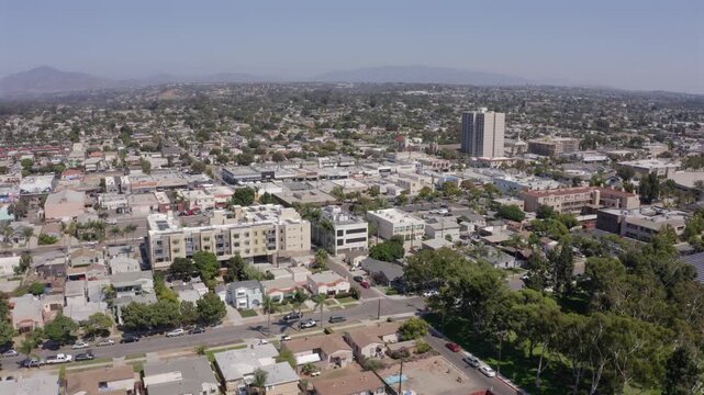 Aerial view of the dense urban downtown core of Chula Vista, California, USA.