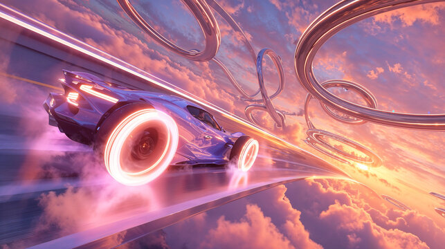 Futuristic race car speeding through a glowing track against a backdrop of surreal skies. The vehicle emits neon lights creating a vibrant atmosphere