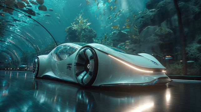 A futuristic car speeding through an underwater tunnel with stunning, vibrant aquatic life on display