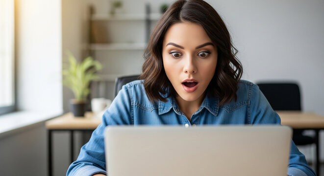 Amazed businesswoman reacting to laptop display perfect for unexpected emails and corporate communication surprises