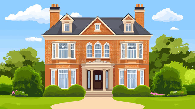 Grand red-brick mansion with tall chimneys, bay windows, and a manicured lawn!!!