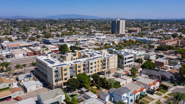 Aerial view of the dense urban downtown core of Chula Vista, California, USA.