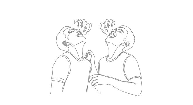 Two men laughing and shouting with joy, abstract line art