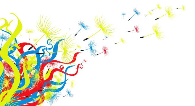 Abstract colorful dandelion seeds blowing in wind, graphic background, white space