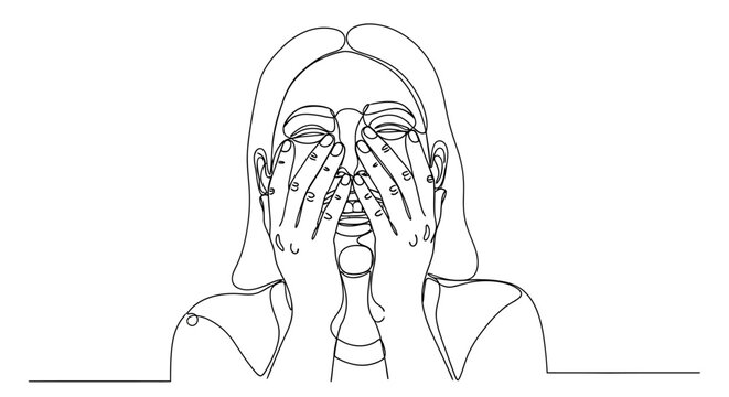Minimalist line art of a woman covering her face with hands, feeling shy or embarrassed