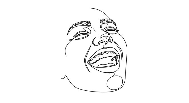 Joyful Face Line Art: Woman Laughing with Eyes Closed, Minimalist Illustration