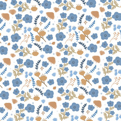 Fototapeta premium Seamless Floral Pattern with Blue Flowers and Beige Leaves on Black Background