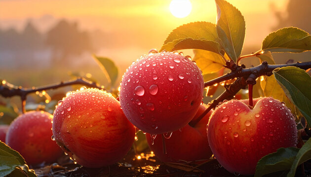 Red apples with morning dew