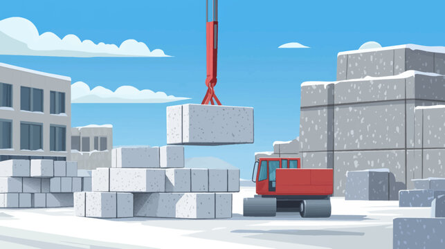 Snowy construction yard with stacked concrete blocks and a red crane in view...!