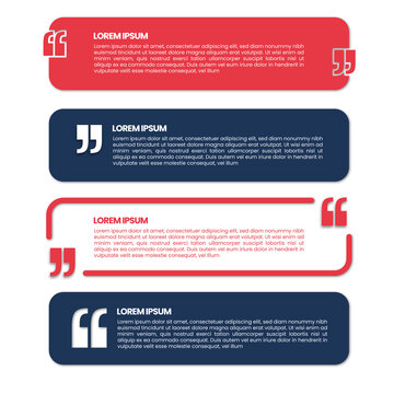 Set of four modern quote banners in red and dark blue featuring large stylized quotation marks, rounded corners, and placeholder text for testimonials, citations, or web layouts.