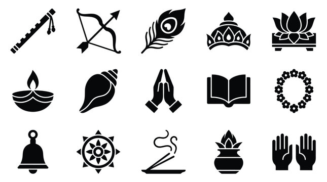 Collection of Hindu religious symbols and icons representing worship and spirituality.