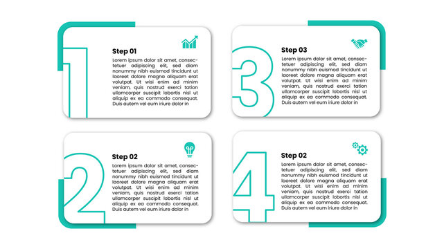 Four step business process infographic template featuring teal numbered cards from one to four with icons for growth, idea, partnership, and settings on a white background.