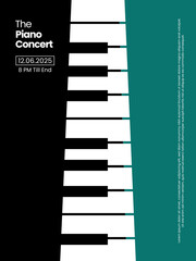 Graphic design for a musical event poster featuring abstract piano keyboard keys in a vertical arrangement against a black white and teal background with typography text. © indra