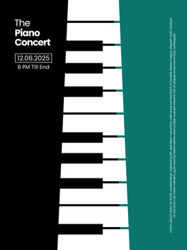 Graphic design for a musical event poster featuring abstract piano keyboard keys in a vertical arrangement against a black white and teal background with typography text.