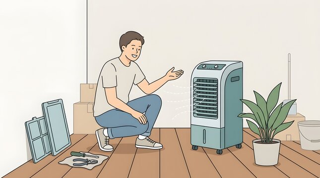 Air Cooler Setup: A person examines an air cooler, highlighting its features and suitability for indoor climate control.