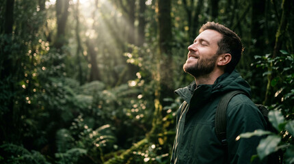 Naklejka premium Man enjoying fresh morning air in a calm nature setting perfect for mental health wellness relaxation and freedom goals