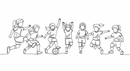 Fototapeta premium Children playing soccer, diverse girls team, active lifestyle, fun and energetic sketch