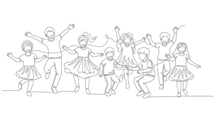 Fototapeta premium Joyful Children Line Art: Diverse Group Jumping and Dancing Together