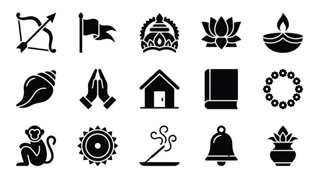 Collection of Hindu religious symbols and icons in black silhouette style.