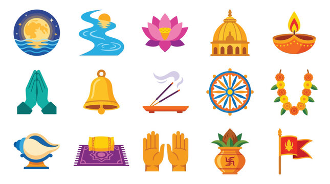 Collection of Indian cultural and religious symbols, including a temple, lotus flower, diya lamp, and prayer hands.