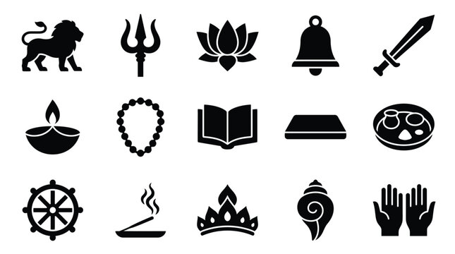 Collection of Hindu religious symbols and icons representing various aspects of faith and worship.